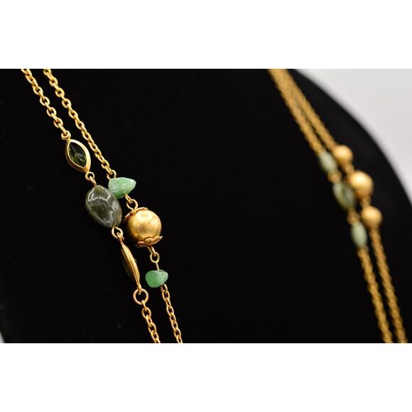 Premier Designs Vintage Station Necklace Green Bezel Brushed Gold Signed Bin2 - Picture 5 of 12